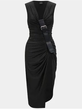 Ruched Black V-Neck Midi Dress with Buckle-Strap Detail